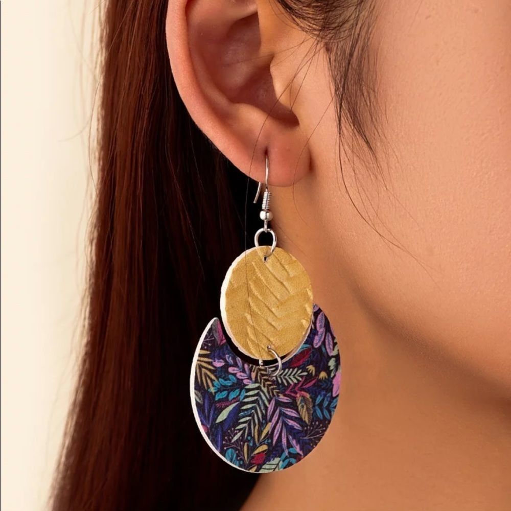 Leather embossed floral half moon earrings​